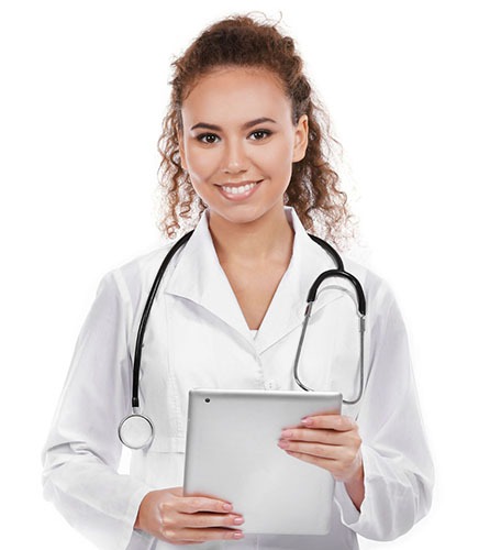 Stock image of a light complected woman Hispanic doctor wearing a white doctor's coat and holding a clipboard with a stethoscope around her neck.